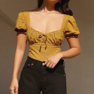 UO Cassia Puff Sleeve Cropped Top Mustard Plaid